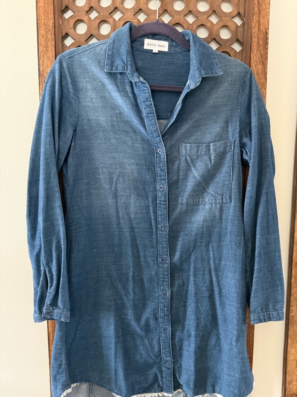 Bella Dahl Chambray Dress XS Ultra Soft Tencel Button Down Raw Hem Lightweight